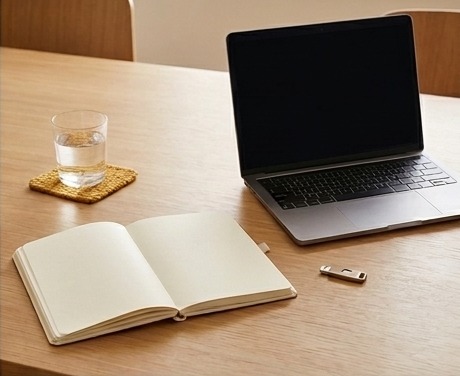 AI editorial photograph of account notebook and security key