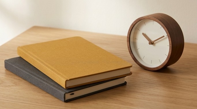 AI editorial illustration of notebooks and an analog clock