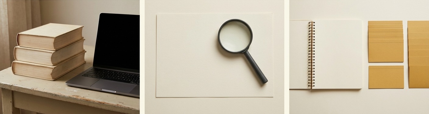 AI-generated editorial triptych for creating a paid research service with clear quality standards