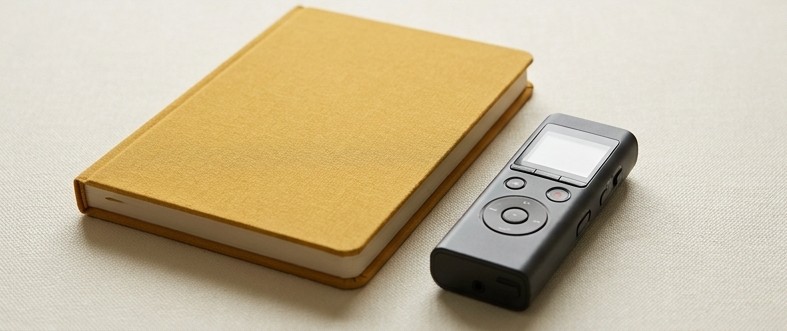 AI editorial illustration of a notebook and audio recorder