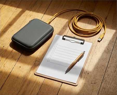AI editorial photograph of external drive and blank export checklist