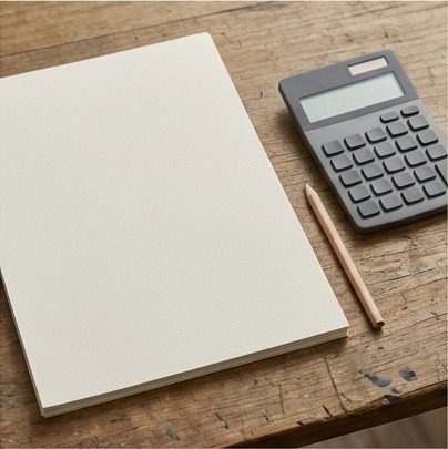 AI editorial photograph of blank invoice papers and calculator