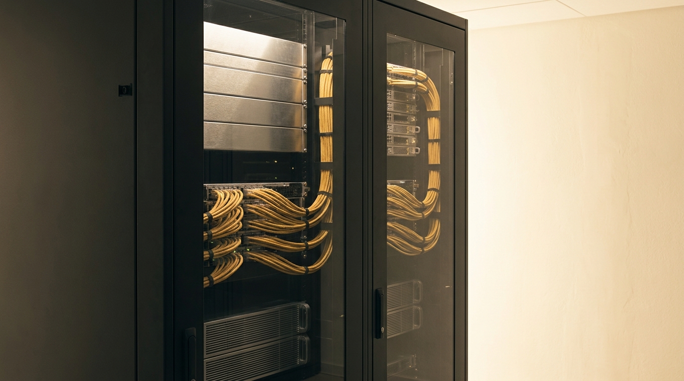 AI-generated editorial illustration of server equipment with warm mustard lighting