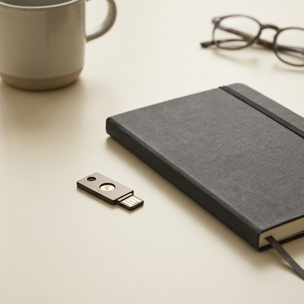AI-generated editorial illustration of a hardware security key beside a notebook