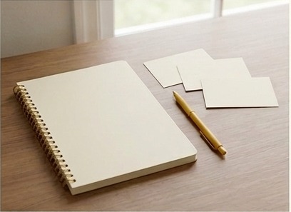 AI editorial photograph of notebook and selected task cards
