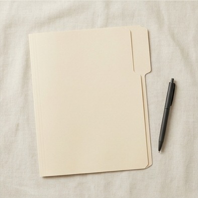 AI editorial photograph of blank application folder and pen