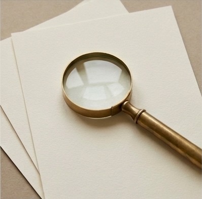 AI illustration of a magnifying glass over blank research pages