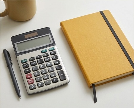 AI illustration of a calculator beside a cleanup notebook