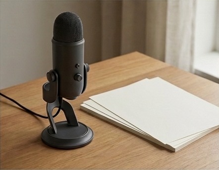 AI editorial photograph of unbranded microphone and lesson papers