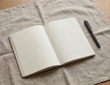 AI editorial photograph of practice notebook and pen