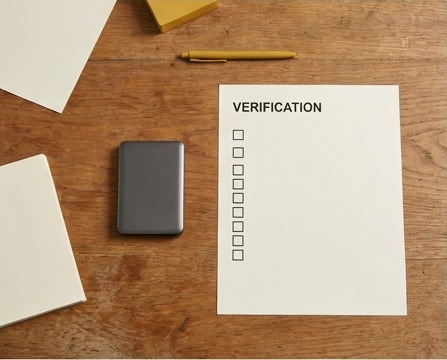 AI editorial photograph of backup drive and blank verification sheet