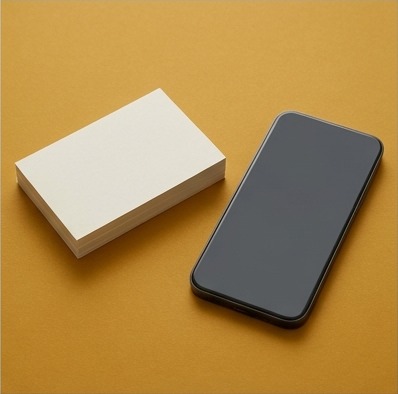 AI editorial photograph of unmarked contact cards and phone