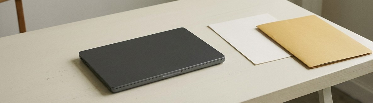 AI editorial illustration of a policy document and closed laptop