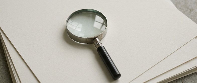 AI editorial illustration of a magnifying glass on paper