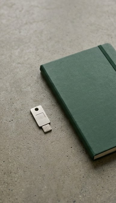 AI editorial illustration of a security key and notebook