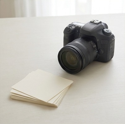 AI editorial photograph of camera and blank image-selection cards