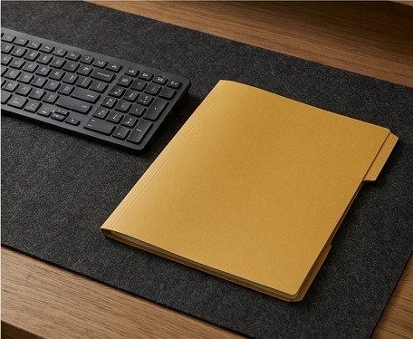 AI editorial photograph of closed laptop and unmarked software folder