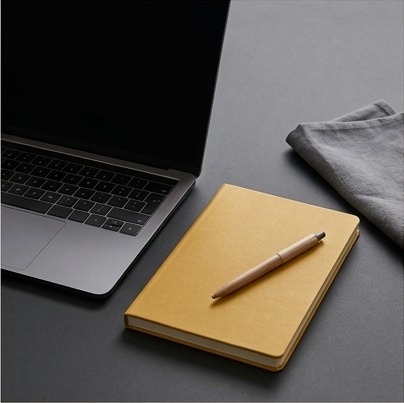 AI editorial photograph of laptop and payment notebook