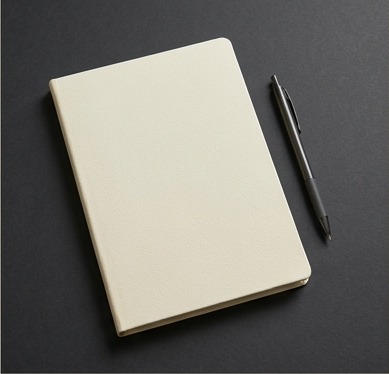 AI editorial photograph of blank evidence notebook and pen