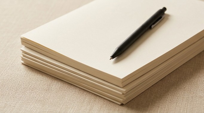 AI editorial illustration of blank product pages and a pen