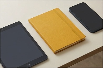 AI illustration of two devices and a recovery-planning notebook