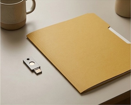 AI illustration of a security key beside an account folder