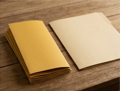 AI editorial photograph of blank help guide and parcel folder