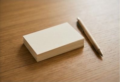 AI editorial photograph of blank metadata cards and pen