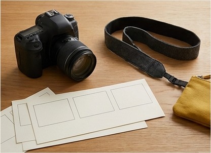 AI-generated editorial illustration of unbranded camera beside blank storyboard cards