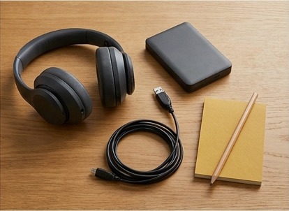 AI-generated editorial illustration of headphones cable and portable drive