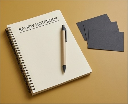 AI editorial photograph of review notebook and pen