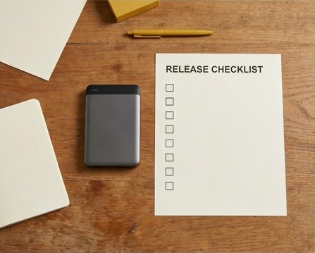 AI editorial photograph of external drive and blank release checklist