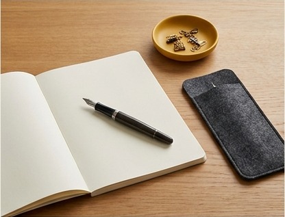 AI-generated editorial illustration of fountain pen on open blank notebook