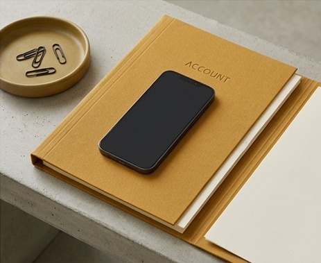 AI editorial photograph of phone beside account folder
