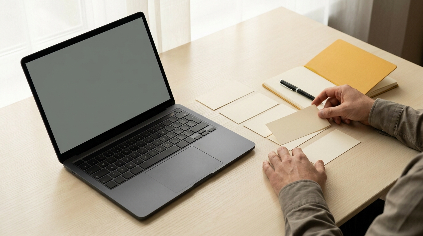 AI-generated editorial illustration of a freelancer working beside a mustard notebook