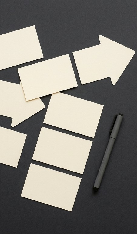 AI-generated editorial illustration of blank planning cards arranged into a workflow