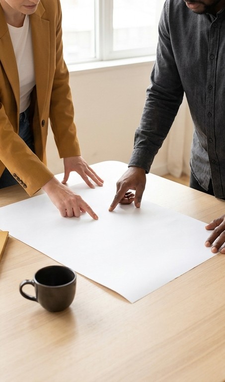 AI-generated editorial illustration of collaborators reviewing a blank planning document