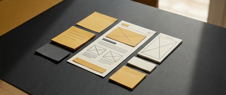 AI editorial illustration of paper website prototypes