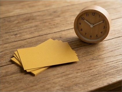 AI editorial photograph of blank decision cards and analogue clock