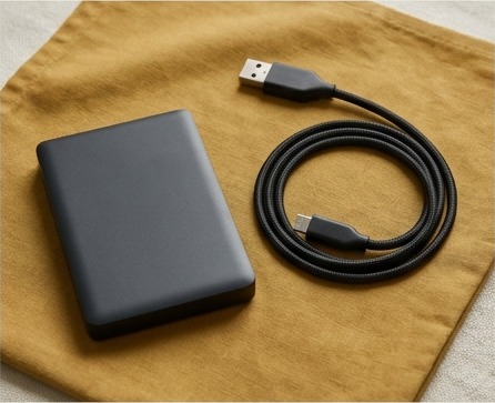 AI editorial photograph of external backup drive with cable