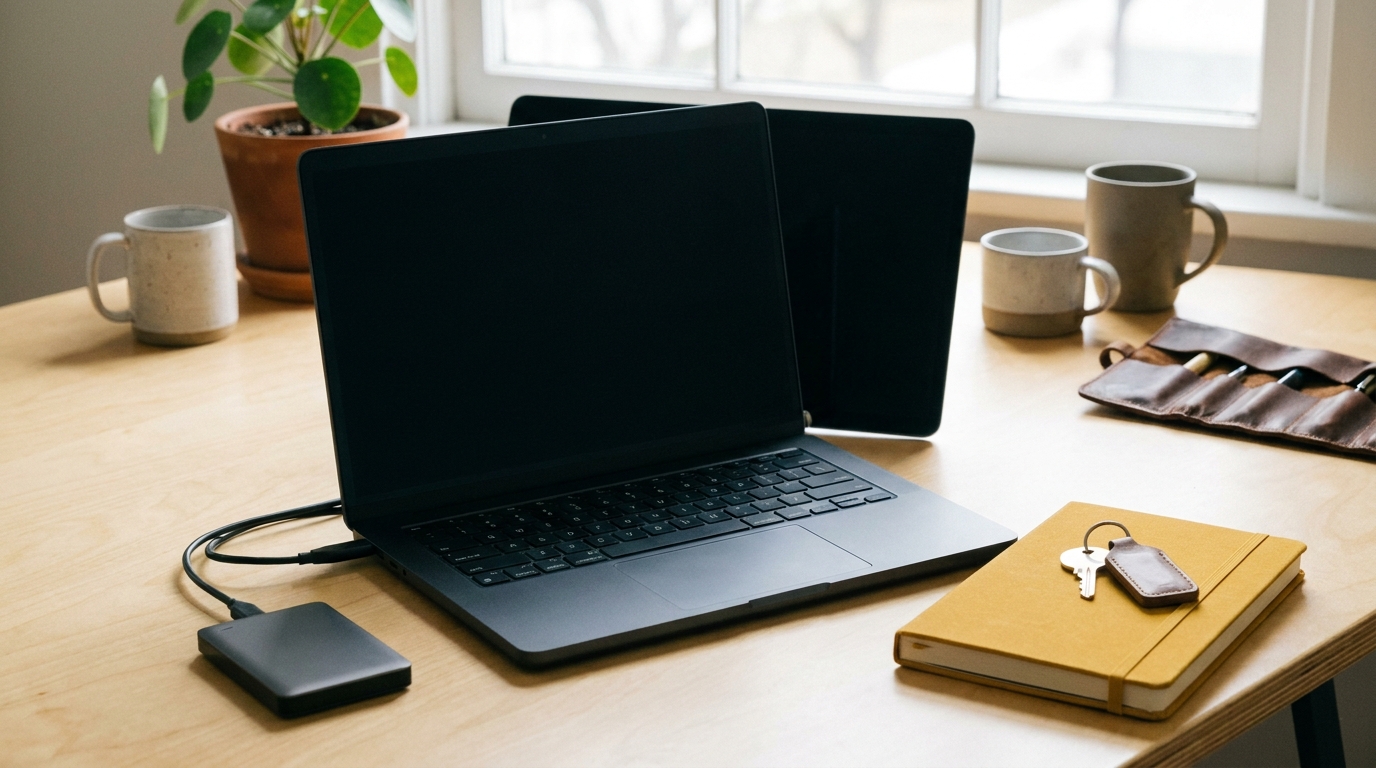 AI-generated editorial illustration of a laptop in a warm workspace