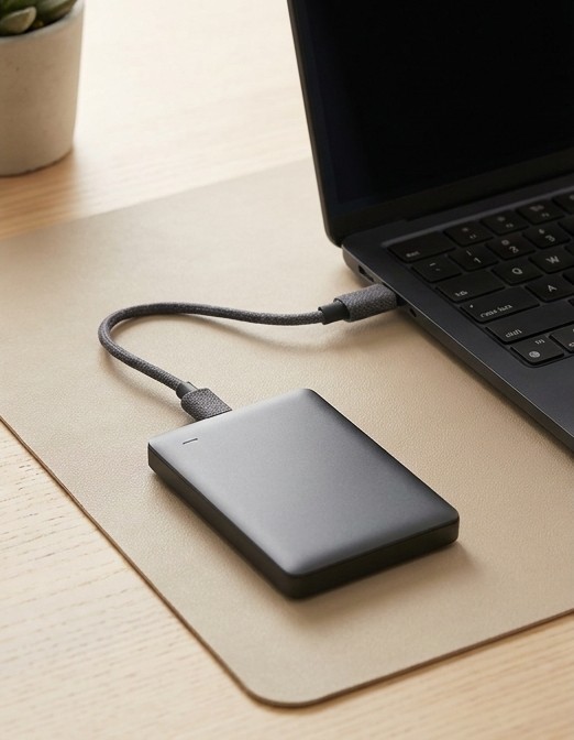AI-generated editorial illustration of an external backup drive connected to a laptop