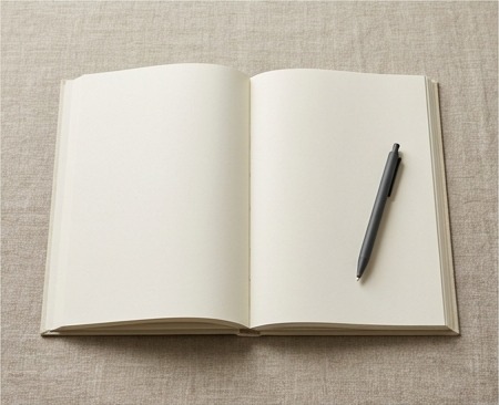 AI editorial photograph of blank operating guide and pen