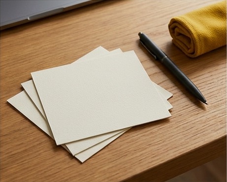 AI editorial photograph of blank reproduction cards and pen