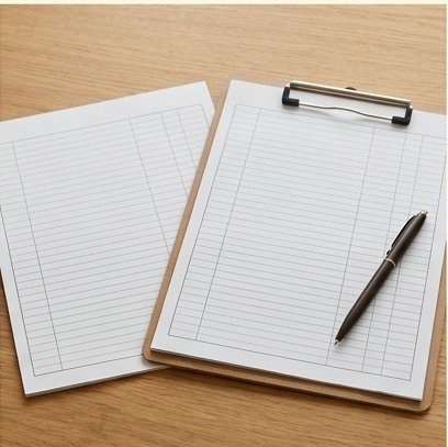AI-generated editorial illustration: two blank ledger sheets and pen.