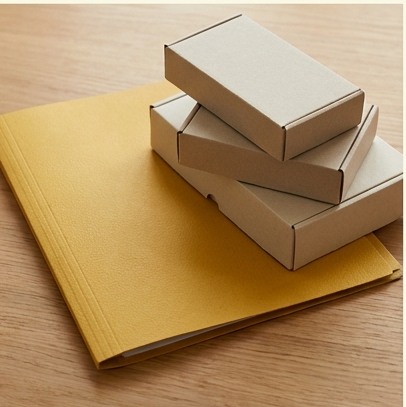 AI-generated editorial illustration: mustard folder and neutral boxes.