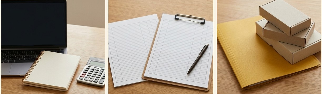 AI-generated editorial illustration: laptop with calculator and cream notebook.