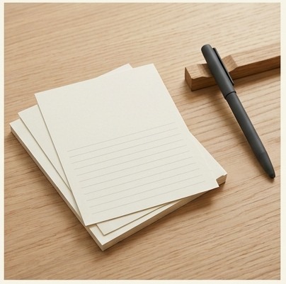 AI-generated editorial illustration: blank paper cards beside pen.