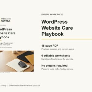 WordPress Website Care Playbook cover with an 18-page PDF, six editable Markdown worksheets and no required plugins.
