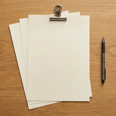 AI-generated editorial illustration: three cream sheets held with a clip.